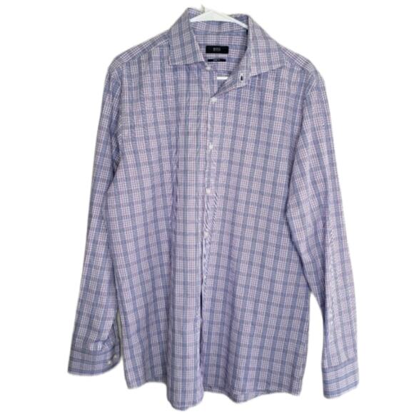 Boss Hugo Boss blue white  check plaid button down career shirt size 16.5 35/35 - Picture 1 of 8